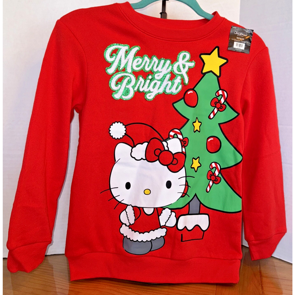 Hello Kitty Christmas Merry & Bright Sweatshirt Girls Medium MSRP $44.99‎